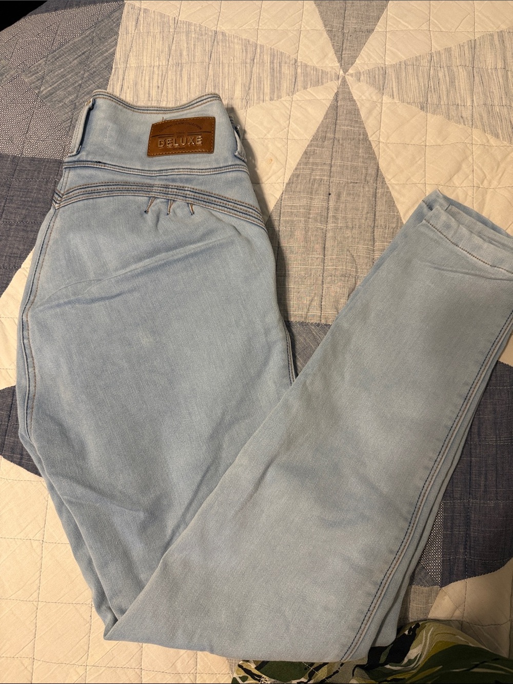 Luxe Light Blue Skinny Jeans with Leather Patch